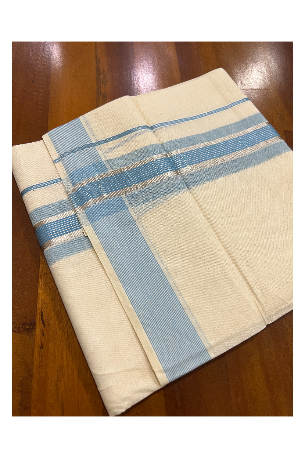 Off White Kerala Double Mundu with Silver Kasavu and Light Blue Line Border (South Indian Dhoti)