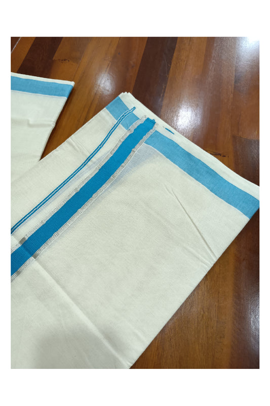 Off White Kerala Double Mundu with Silver Kasavu and Light Blue Kara (South Indian Dhoti)