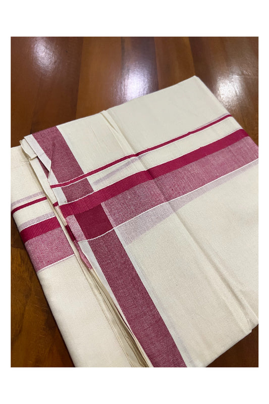 Off White Pure Cotton Double Mundu with Dark Red Shaded Kara (South Indian Dhoti)