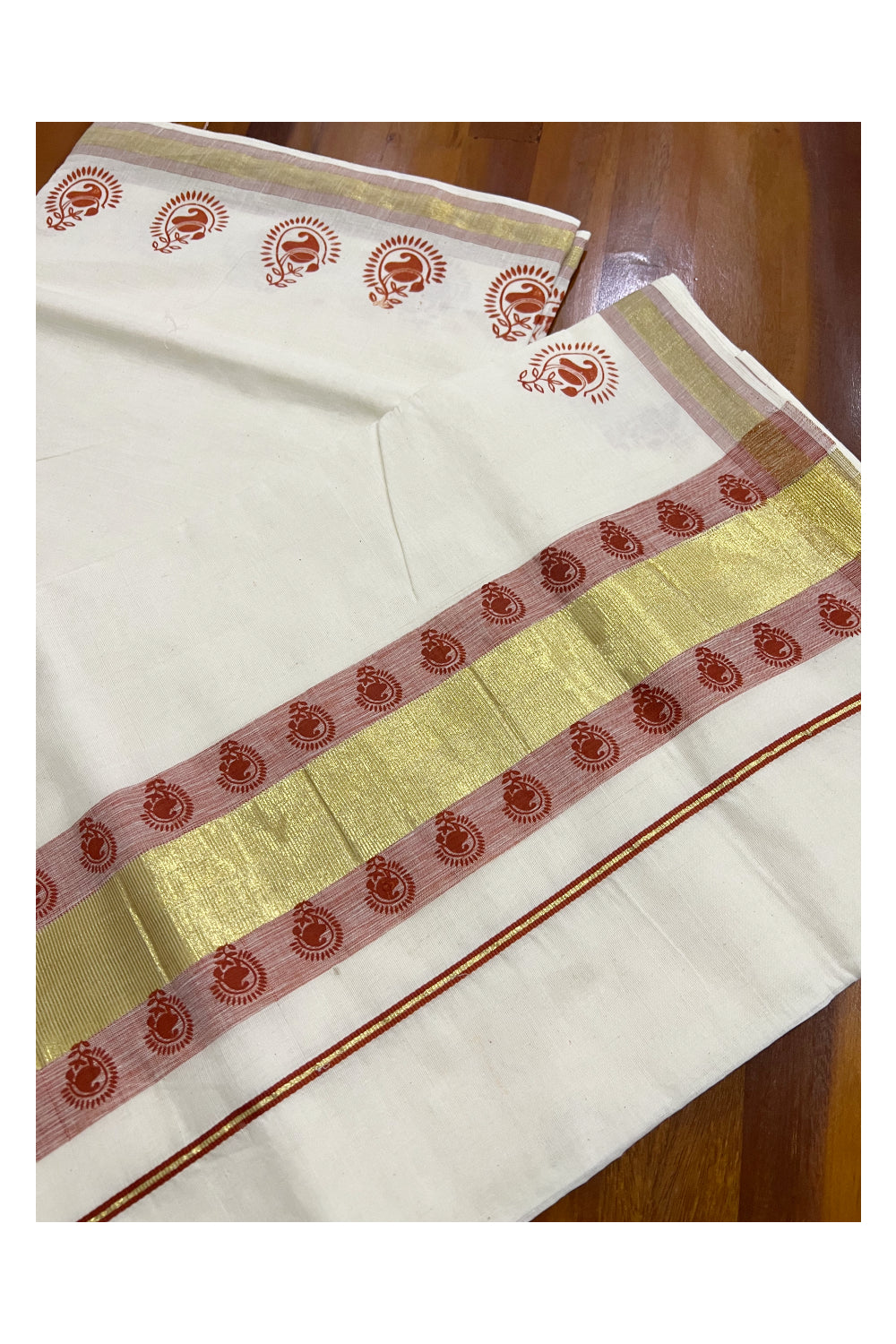 Pure Cotton Kerala Saree with Dark Orange Paisley Block Prints on Kasavu Border