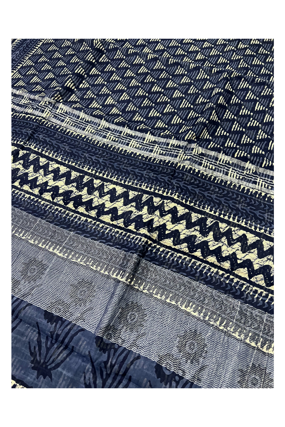 Southloom Linen Indigo Blue Saree with White Designer Prints and Tassels on Pallu