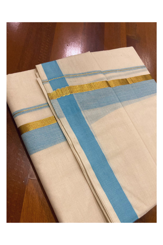 Pure Cotton Off White Double Mundu with Blue and Kasavu Border (South Indian Dhoti)