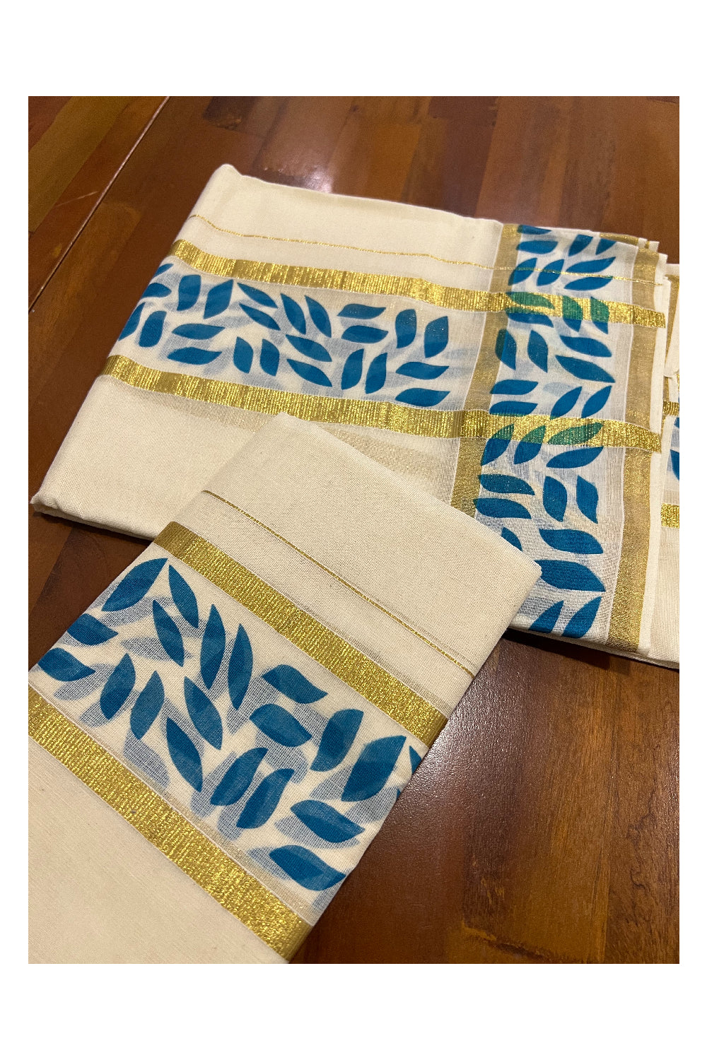 Kerala Cotton Kasavu Set Mundu (Mundum Neriyathum) with Light Blue Block Prints on Border