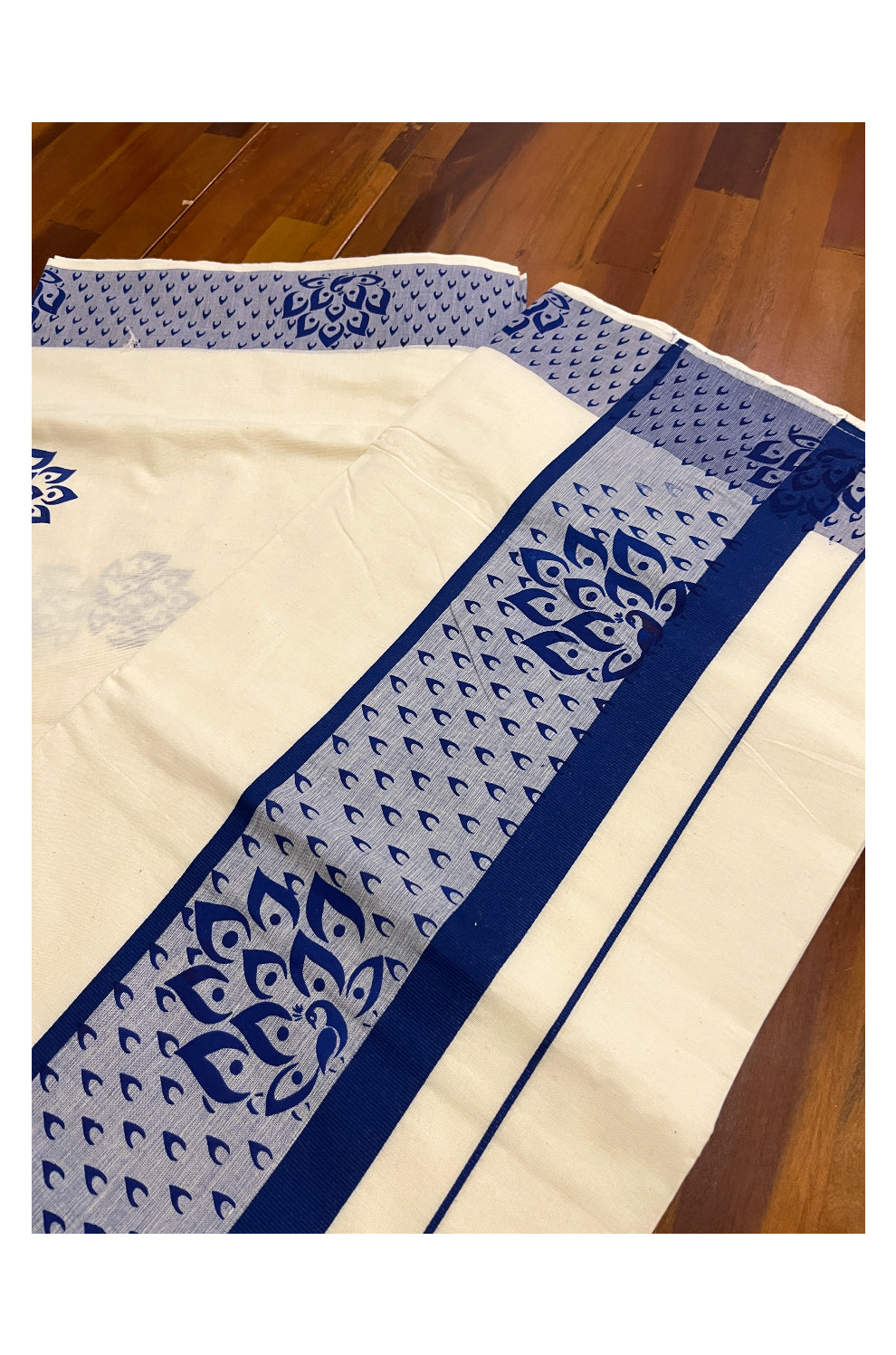 Pure Cotton Off White Kerala Saree with Blue Block Prints on Border