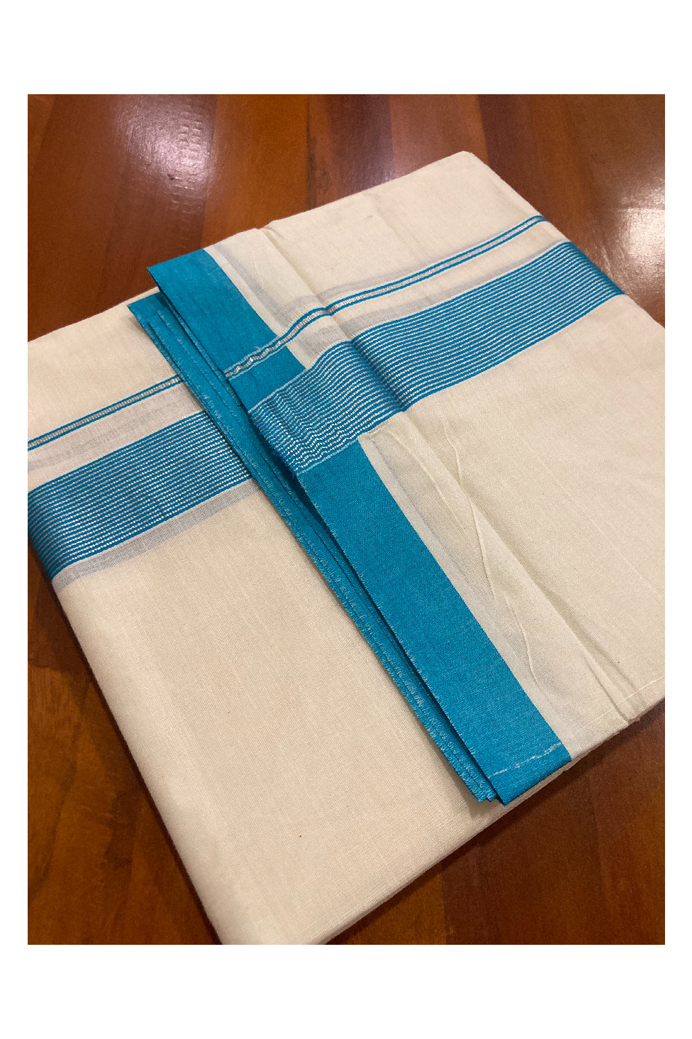 Off White Kerala Double Mundu with Silver Kasavu and Aqua Blue Line Border (South Indian Dhoti)