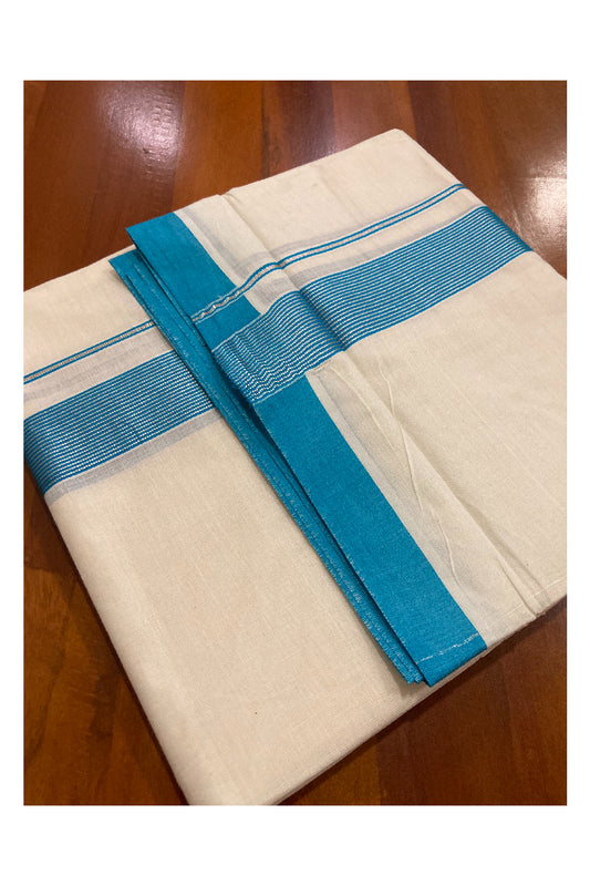 Off White Kerala Double Mundu with Silver Kasavu and Aqua Blue Line Border (South Indian Dhoti)