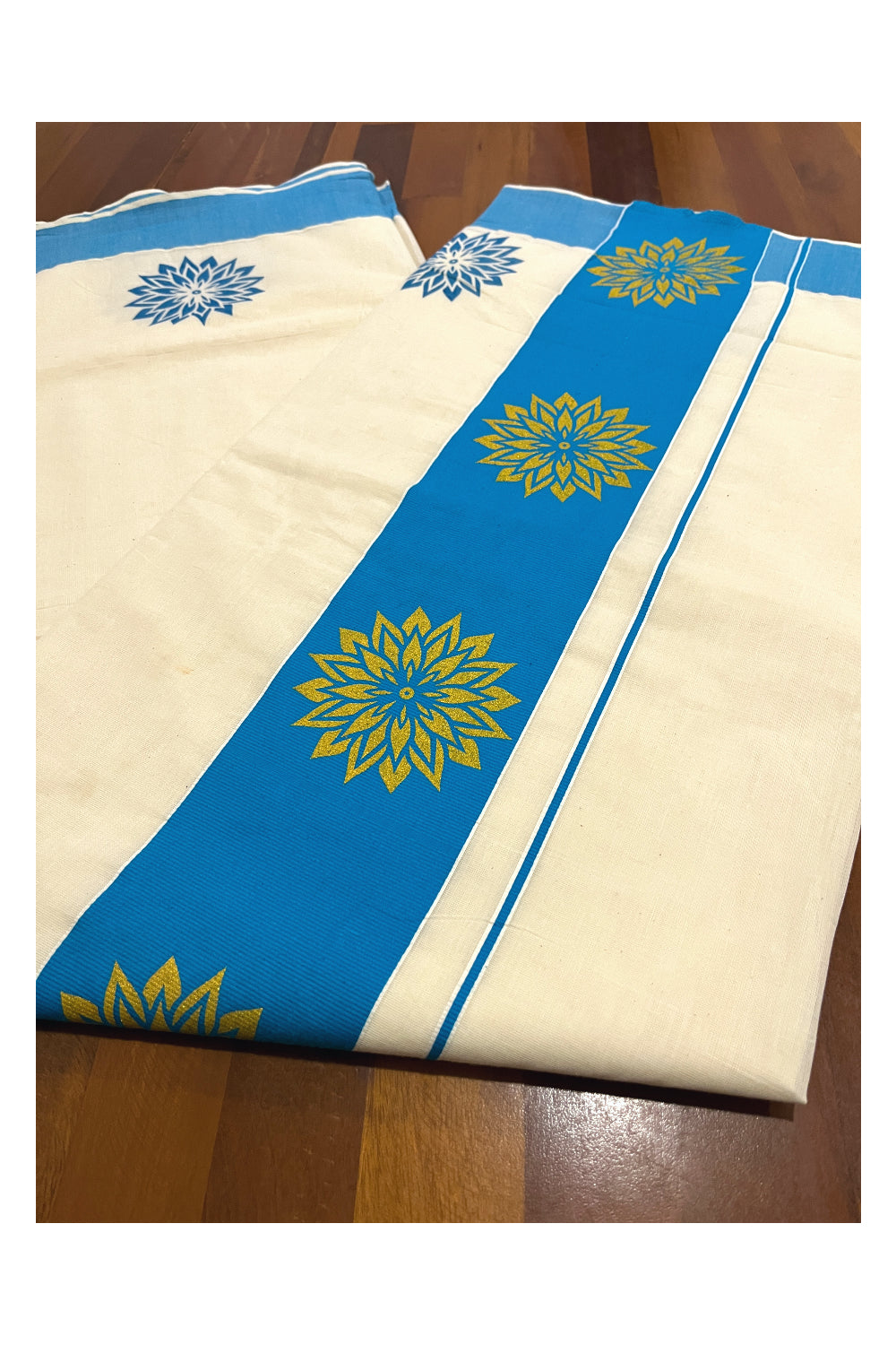 Pure Cotton Kerala Saree with Golden Block Prints on Blue Pallu