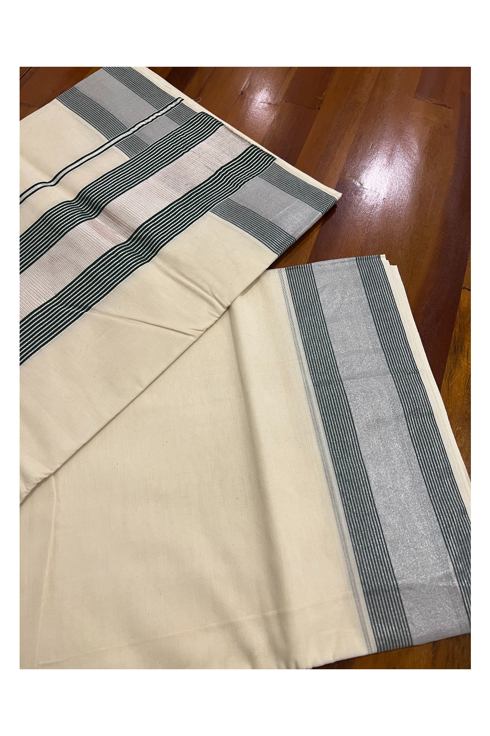 Pure Cotton Kerala Plain Saree with Silver Kasavu and Green Line Border