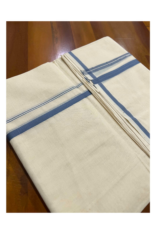 Off White Cotton Mundu with Light Blue Puliyilakkara Border (South Indian Dhoti)