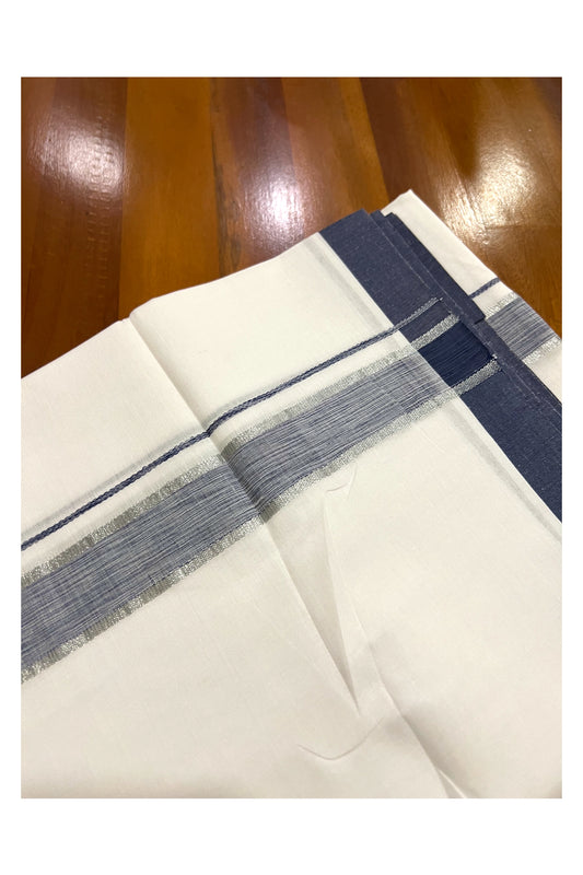 Pure White Cotton Double Mundu with Dark Blue and Silver Kasavu Border (South Indian Dhoti)