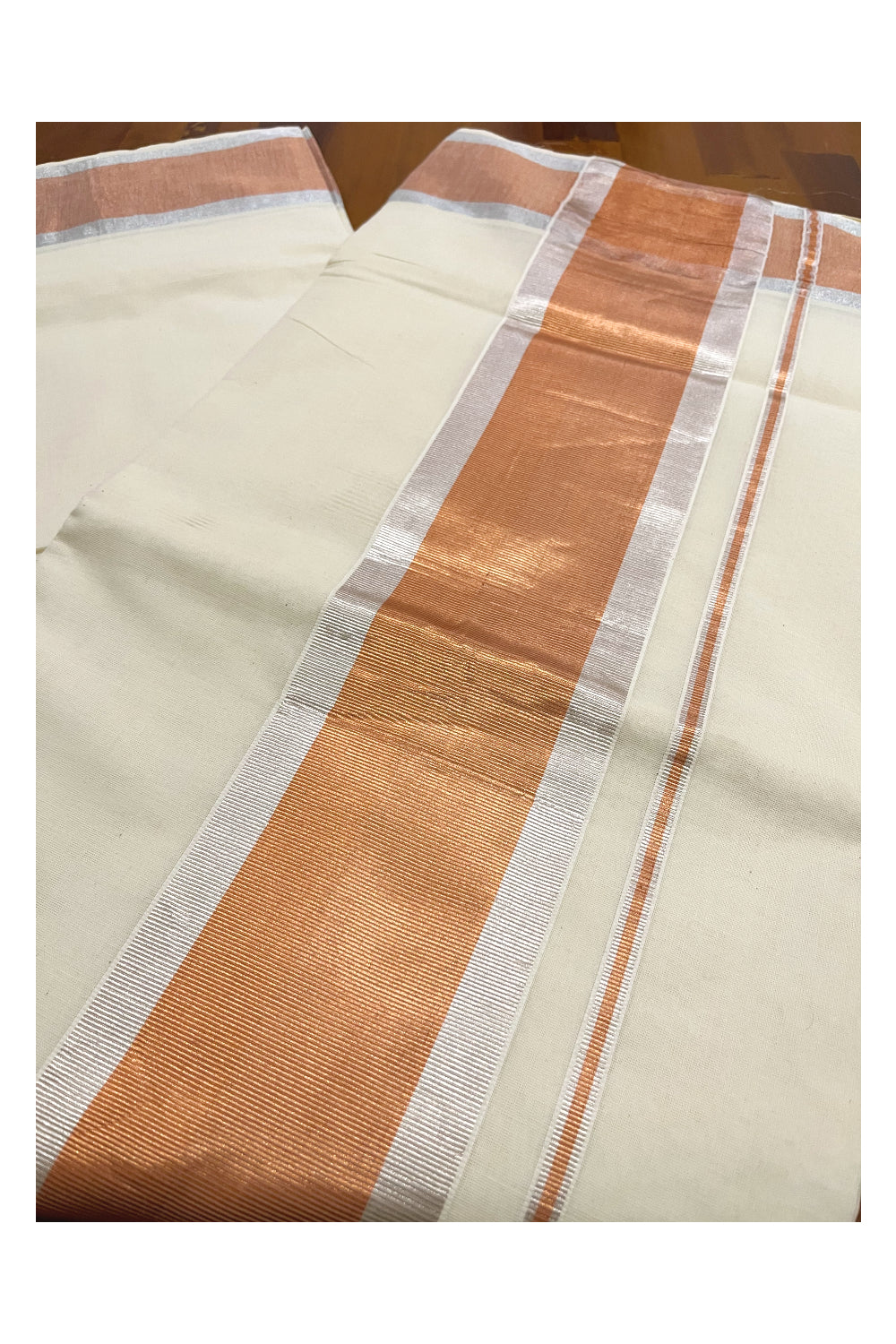 Pure Cotton Kerala Saree with Silver and Copper Kasavu Border