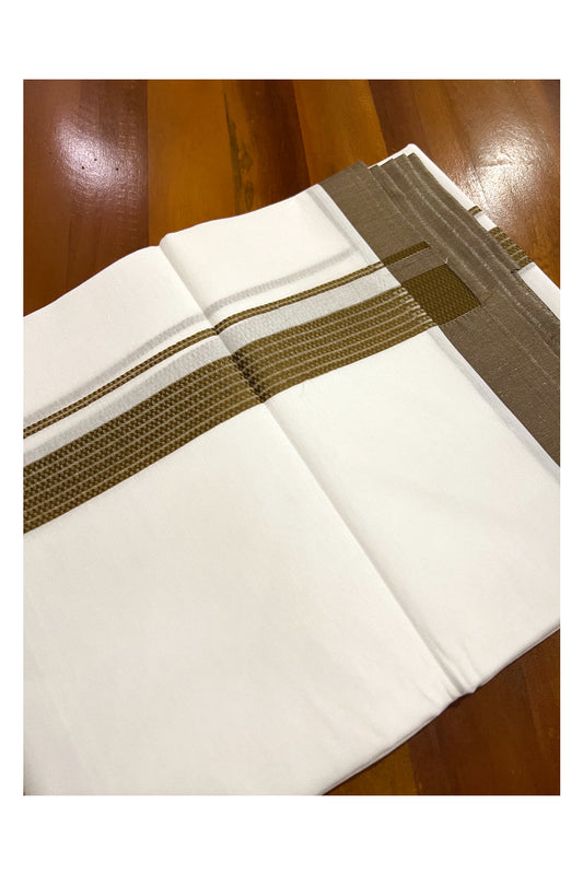 Pure White Cotton Double Mundu with Lines on Brownish Green Border (South Indian Dhoti)