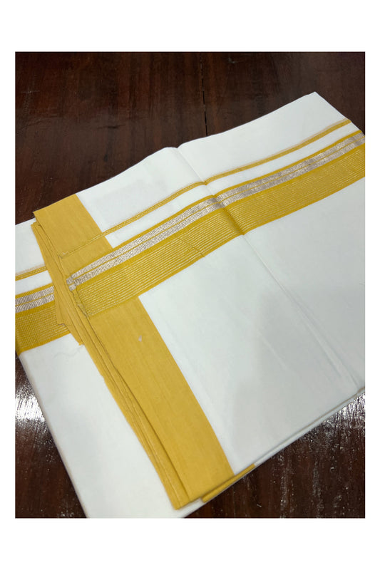 Pure White Cotton Double Mundu with Silver Kasavu and Yellow Border (South Indian Dhoti)