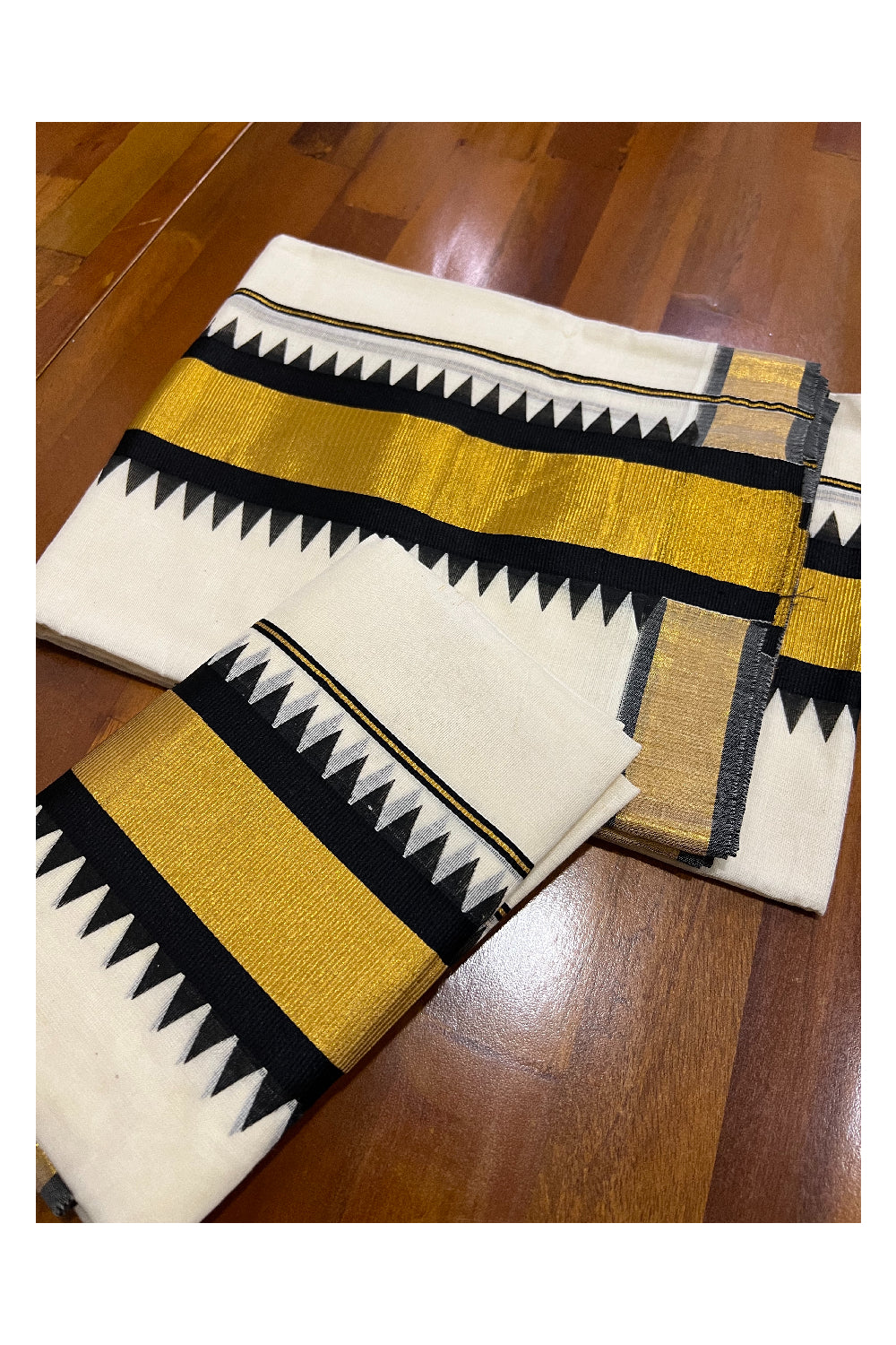 Cotton Kasavu Set Mundu (Mundum Neriyathum) with Black Temple Block Prints on Border