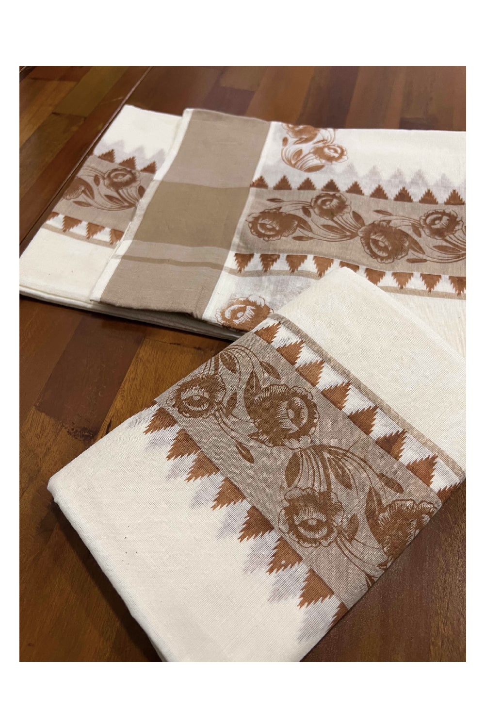 Kerala Cotton Set Mundu (Mundum Neriyathum) with Brown Floral Block Printed Temple Border