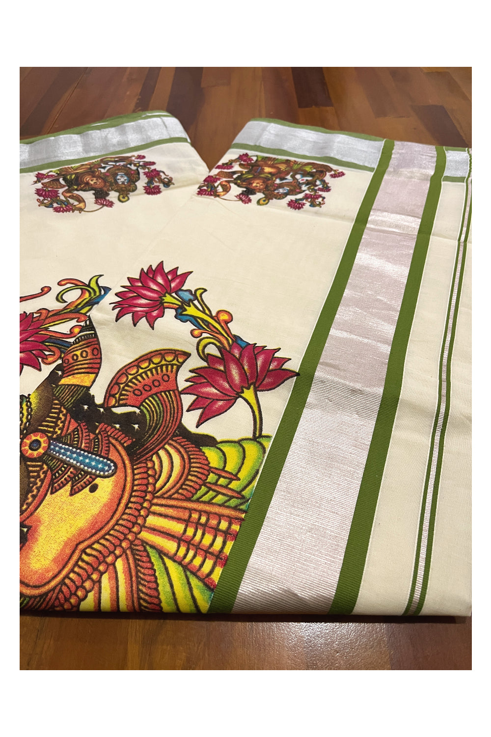 Pure Cotton Kerala Saree with Krishna Radha Mural Prints and Silver Green Border