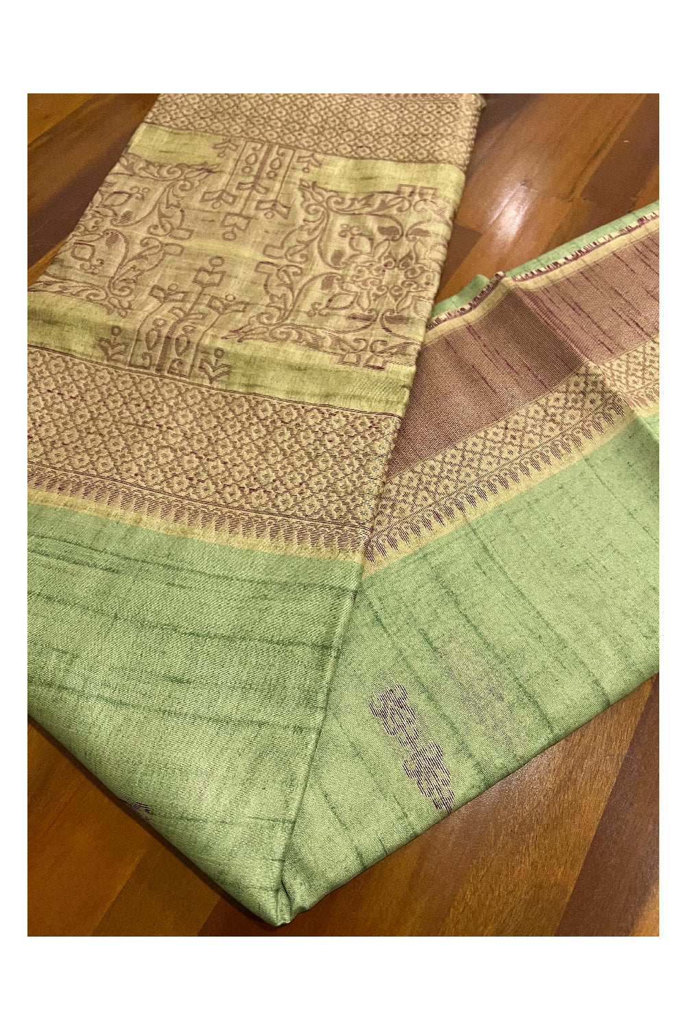 Southloom Pista Green Semi Tussar Designer Saree with Light Brown Border