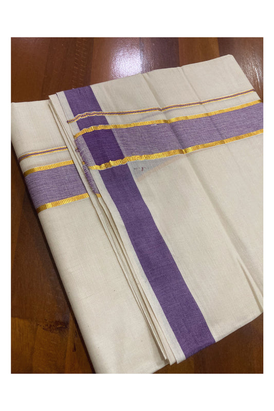 Pure Cotton Double Mundu with Violet and Kasavu Border (South Indian Dhoti)