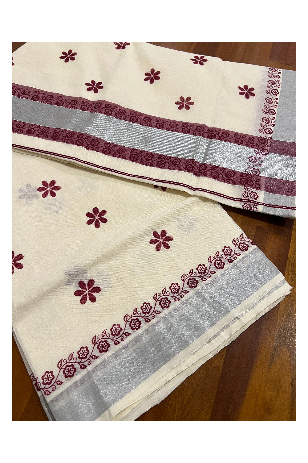 Pure Cotton Kerala Saree with Maroon Block Printed Floral Design and Silver Kasavu Border