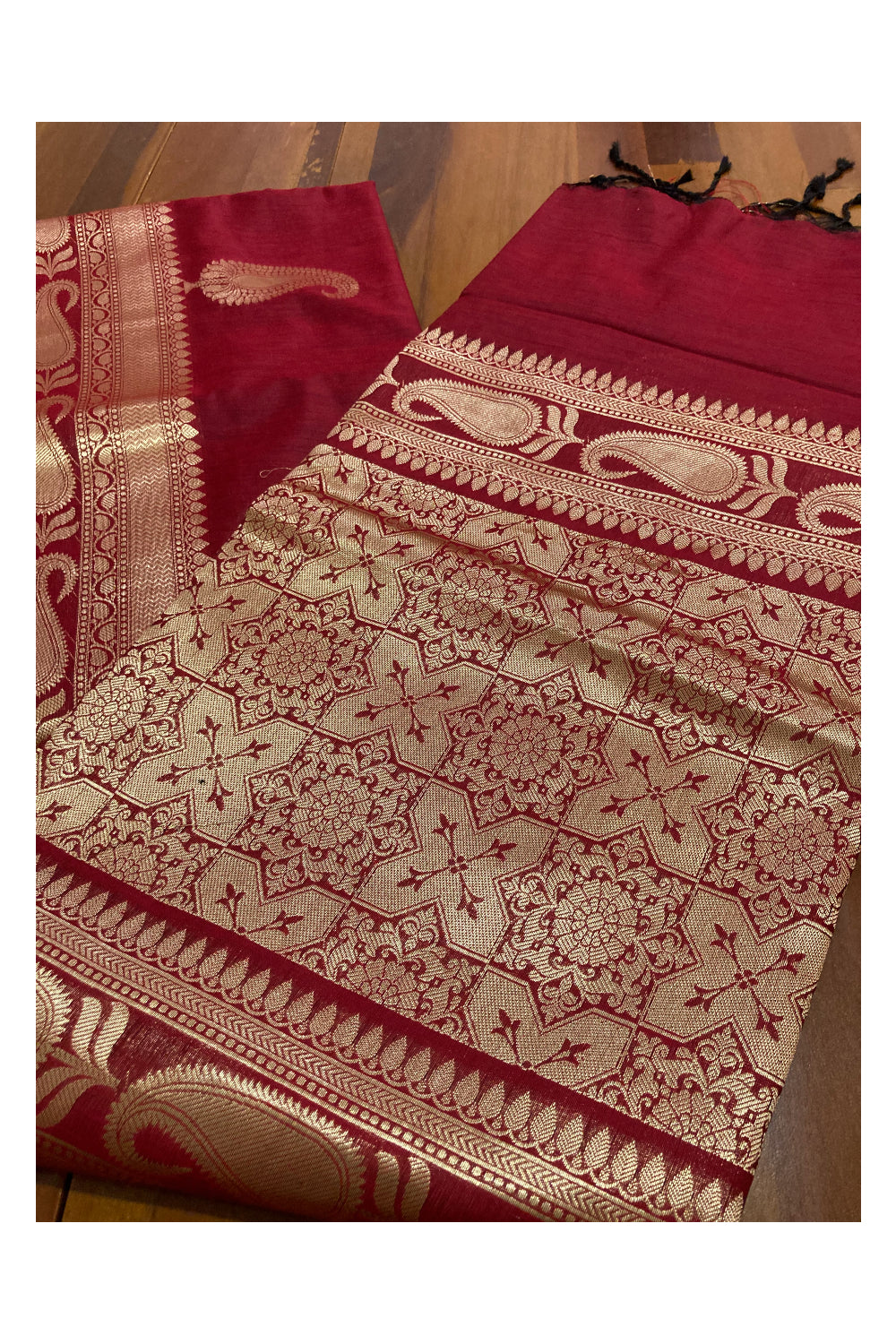 Southloom Red Cotton Designer Saree with Kasavu Woven Works