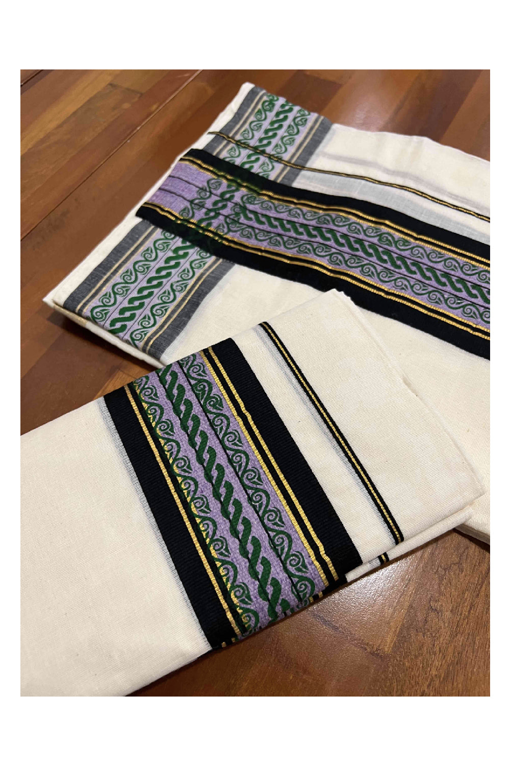 Kerala Cotton Set Mundu (Mundum Neriyathum) with Kasavu Black and Green Block Print Border