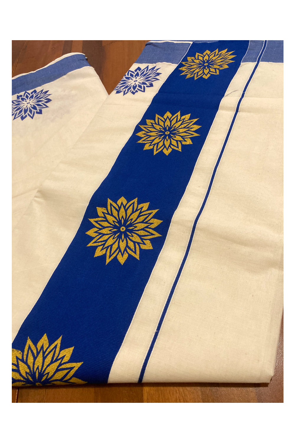 Pure Cotton Kerala Saree with Golden Block Prints on Blue Border and Pallu