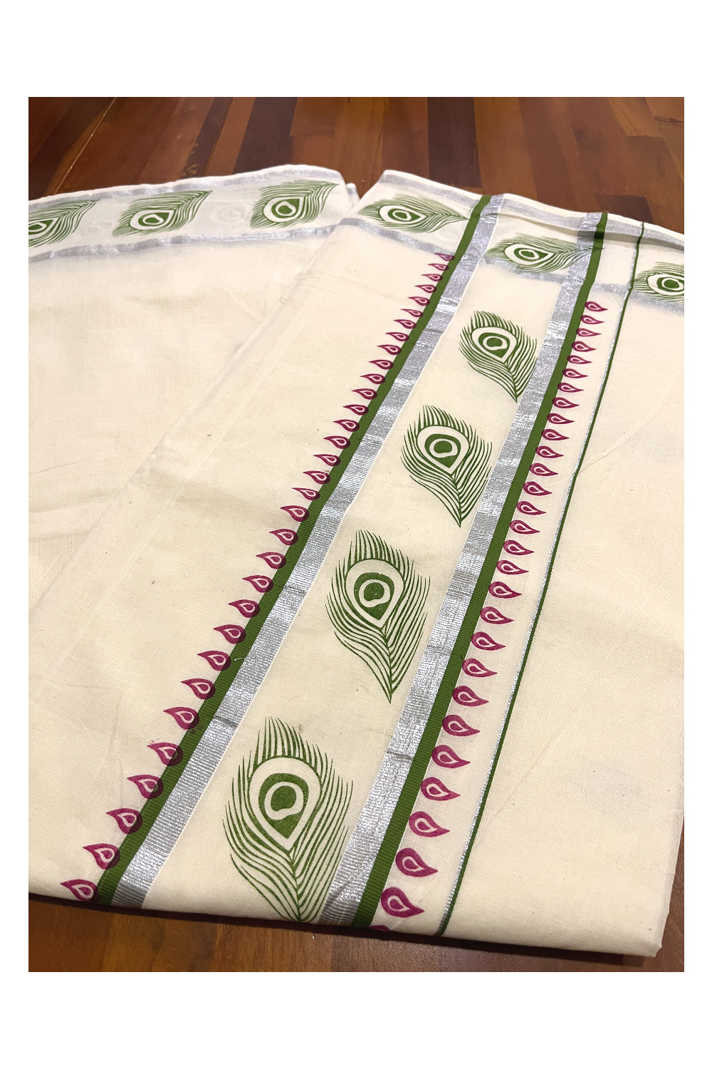 Pure Cotton Off White Kerala Saree with Green Block Prints in Silver Border (Vishu Saree 2023)