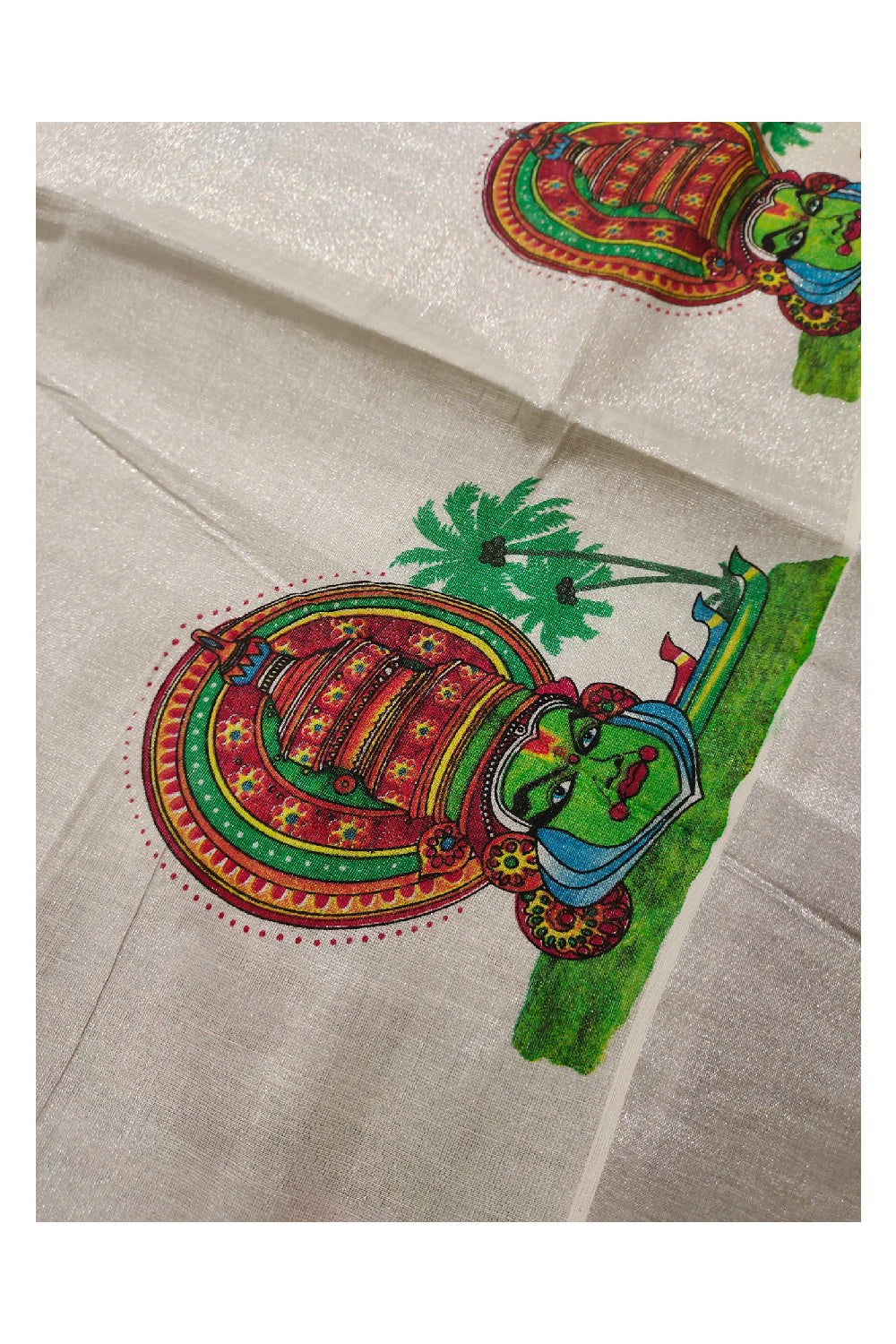 Kerala Silver Tissue Kasavu Onam Saree with Mural Printed Kathakali Design