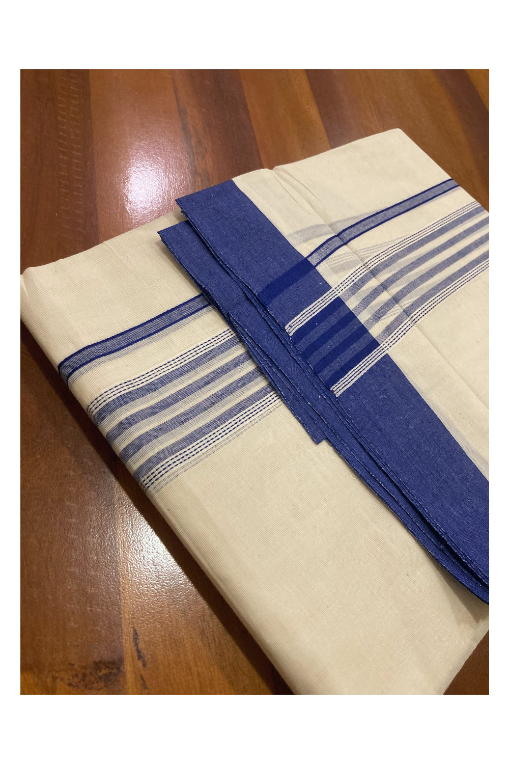 Off White Kerala Double Mundu with Blue Lines Border (South Indian Dhoti)