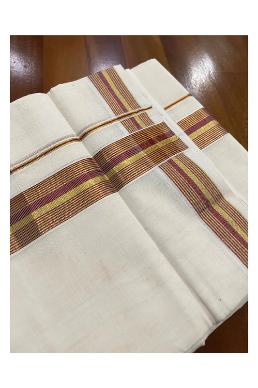 Southloom Kuthampully Handloom Pure Cotton Mundu with Golden and Pink Kasavu Lines Border (South Indian Dhoti)