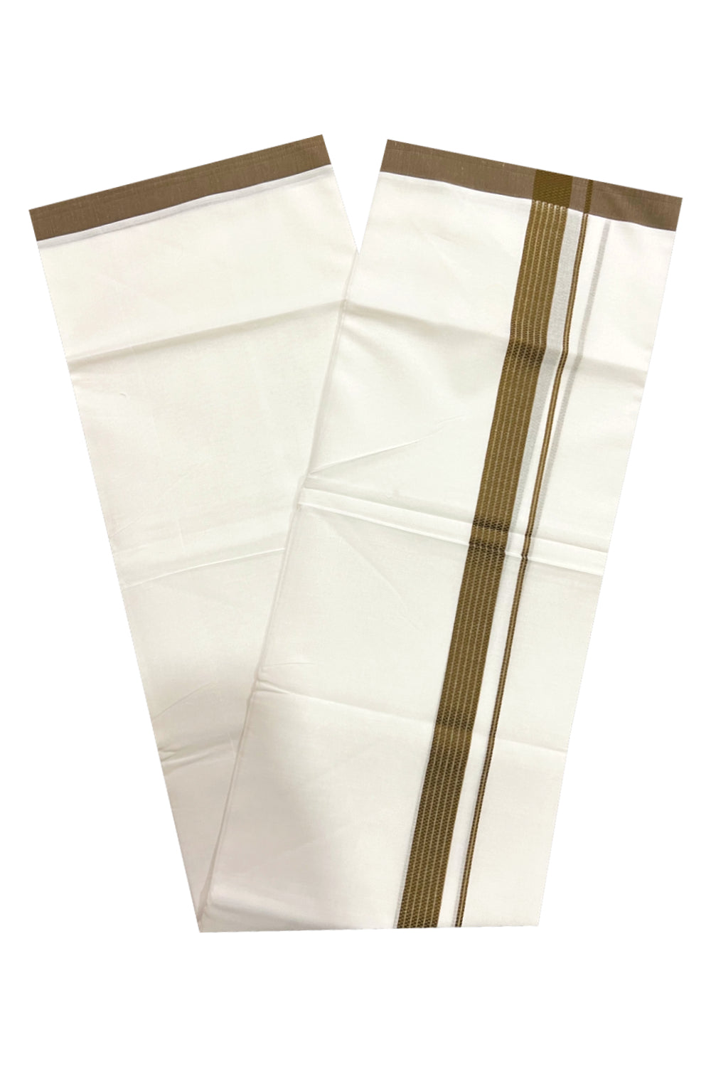 Pure White Cotton Double Mundu with Lines on Brownish Green Border (South Indian Dhoti)