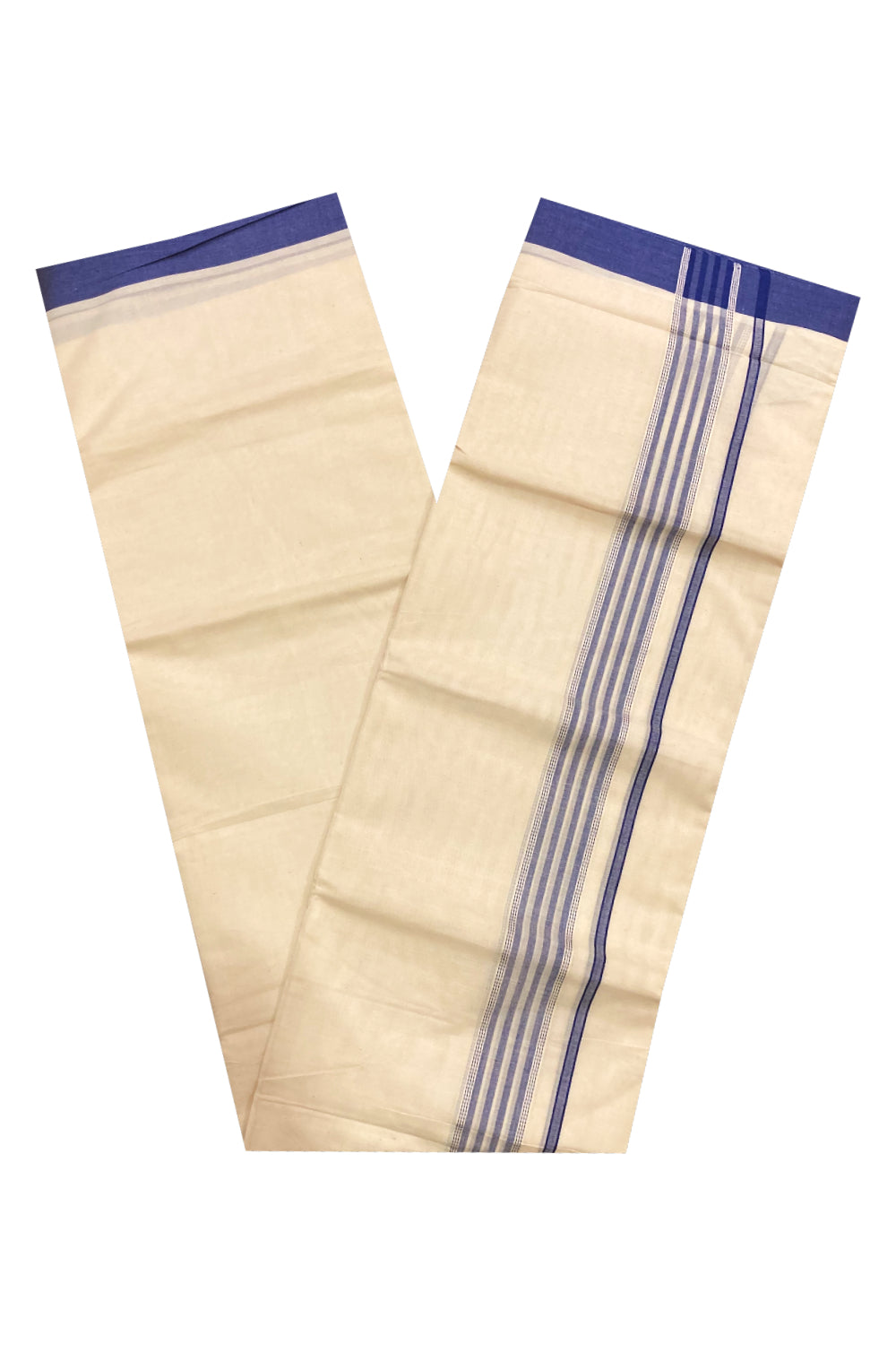 Off White Kerala Double Mundu with Blue Lines Border (South Indian Dhoti)