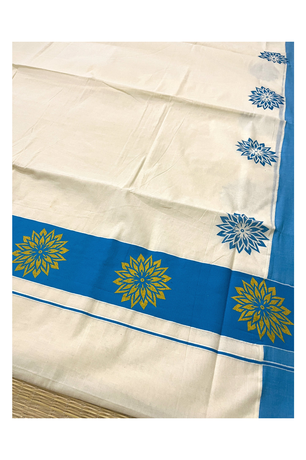 Pure Cotton Kerala Saree with Golden Block Prints on Blue Pallu