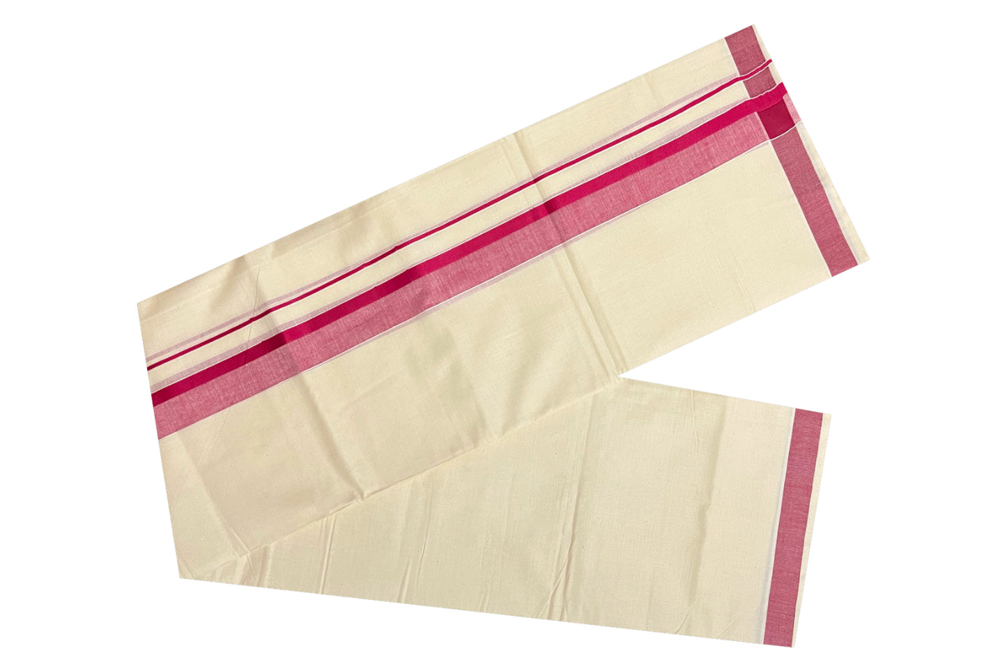 Off White Pure Cotton Double Mundu with Dark Red Shaded Kara (South Indian Dhoti)