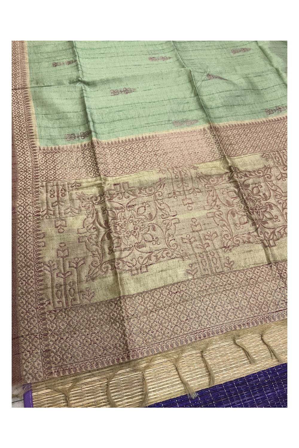 Southloom Pista Green Semi Tussar Designer Saree with Light Brown Border