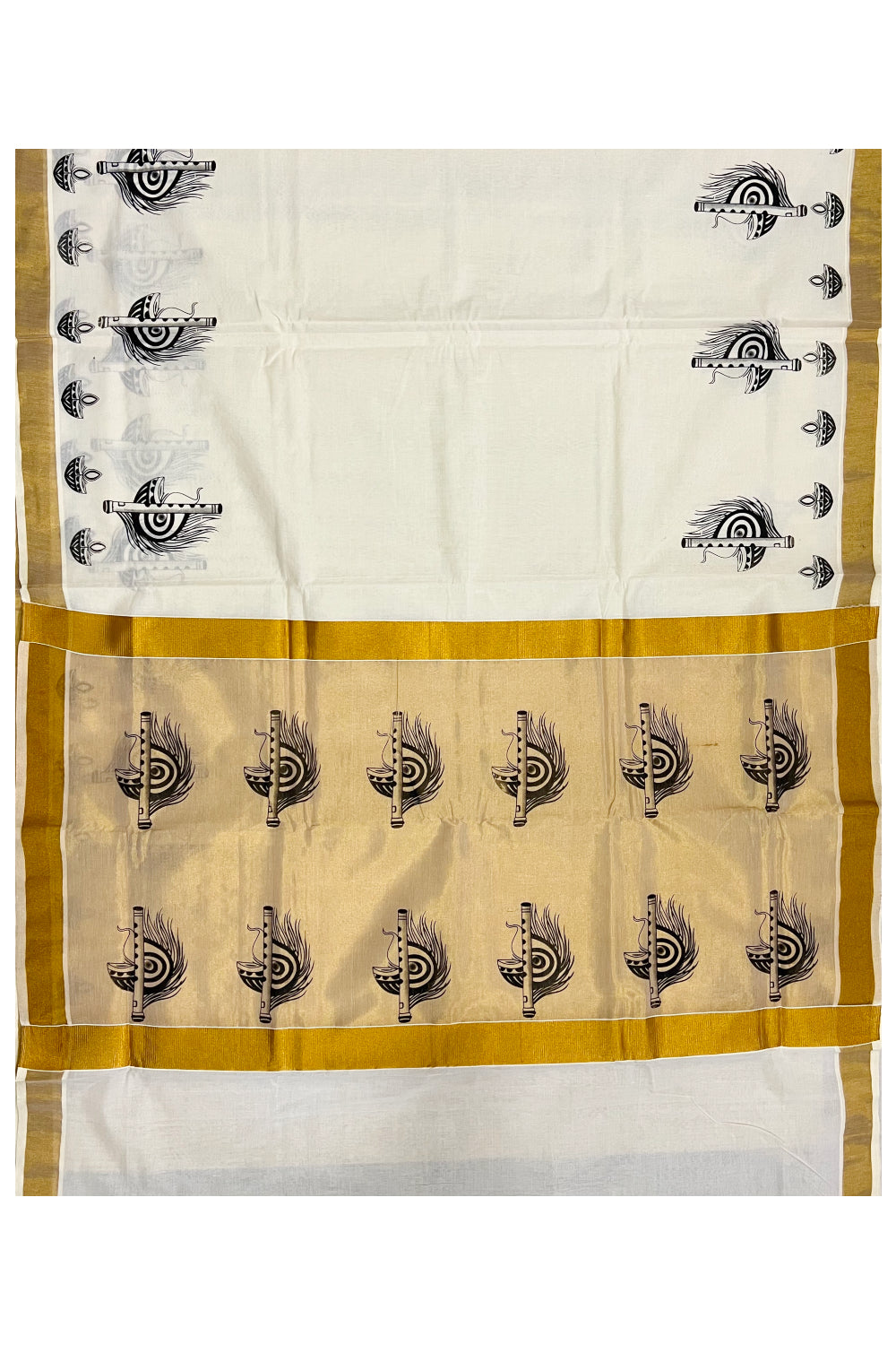 Kerala Cotton Kasavu Saree with Black Feather and Flute Block Prints on Border and Tissue Pallu