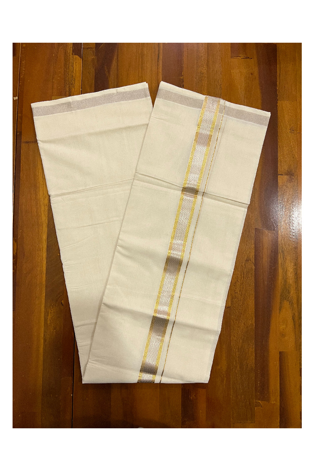 Southloom Premium Handloom Double Mundu with Silver and Golden Kasavu Kara (South Indian Kerala Dhoti)