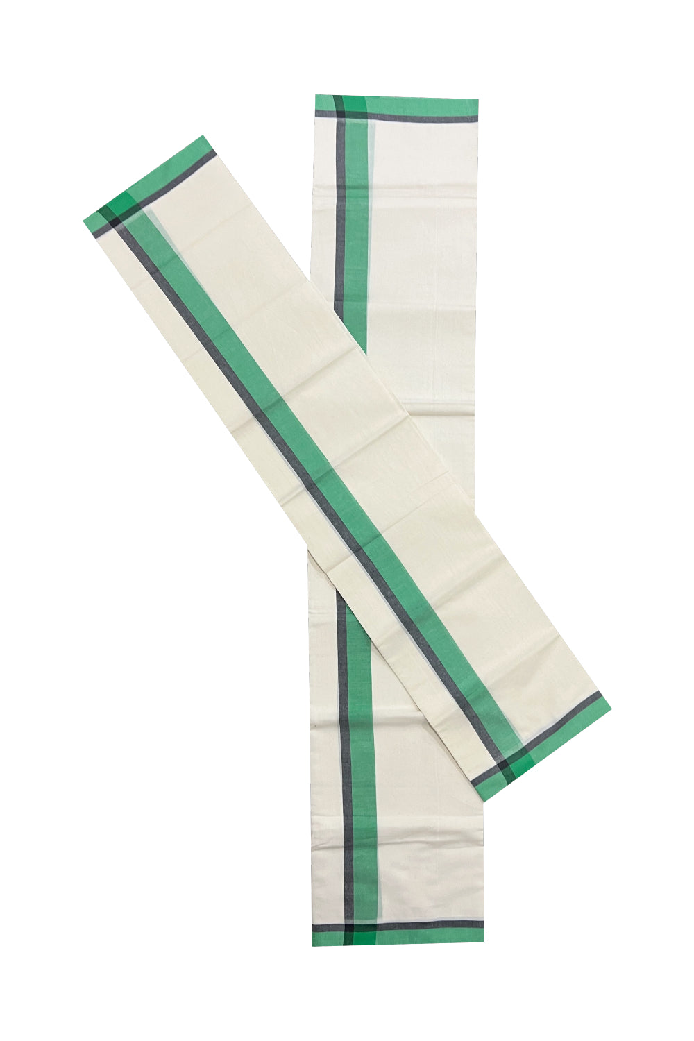 Kerala Cotton Mundum Neriyathum Single (Set Mundu) with Green and Black Mulloth Border (Extra Soft Cotton)