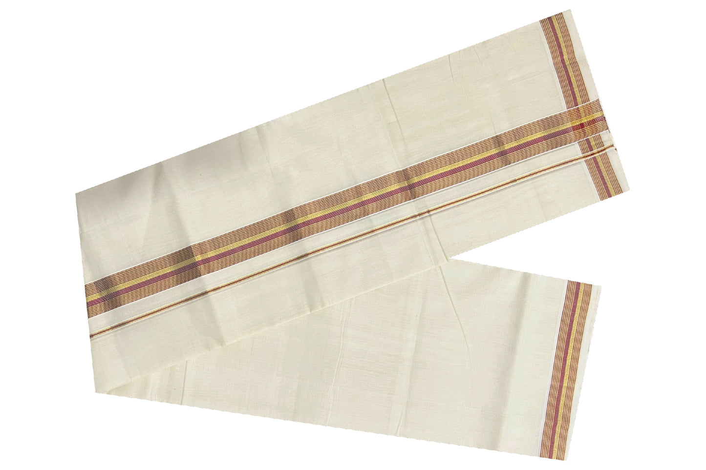 Southloom Kuthampully Handloom Pure Cotton Mundu with Golden and Pink Kasavu Lines Border (South Indian Dhoti)