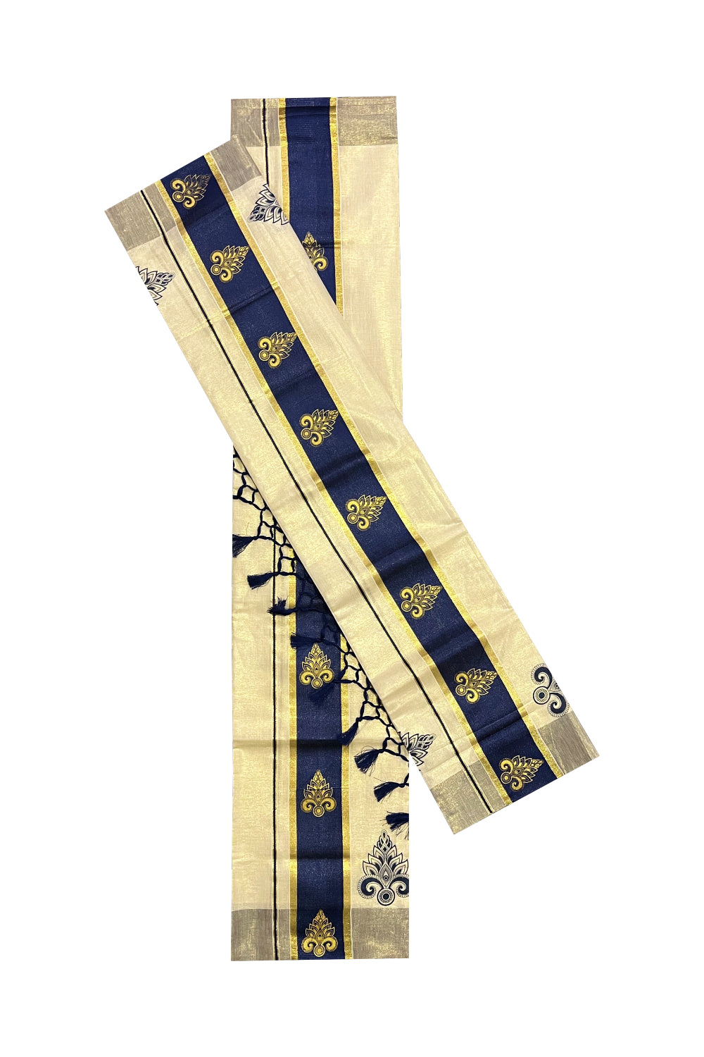 Kerala Tissue Kasavu Set Mundu (Mundum Neriyathum) with Golden and Navy Blue Block Prints and Tassels