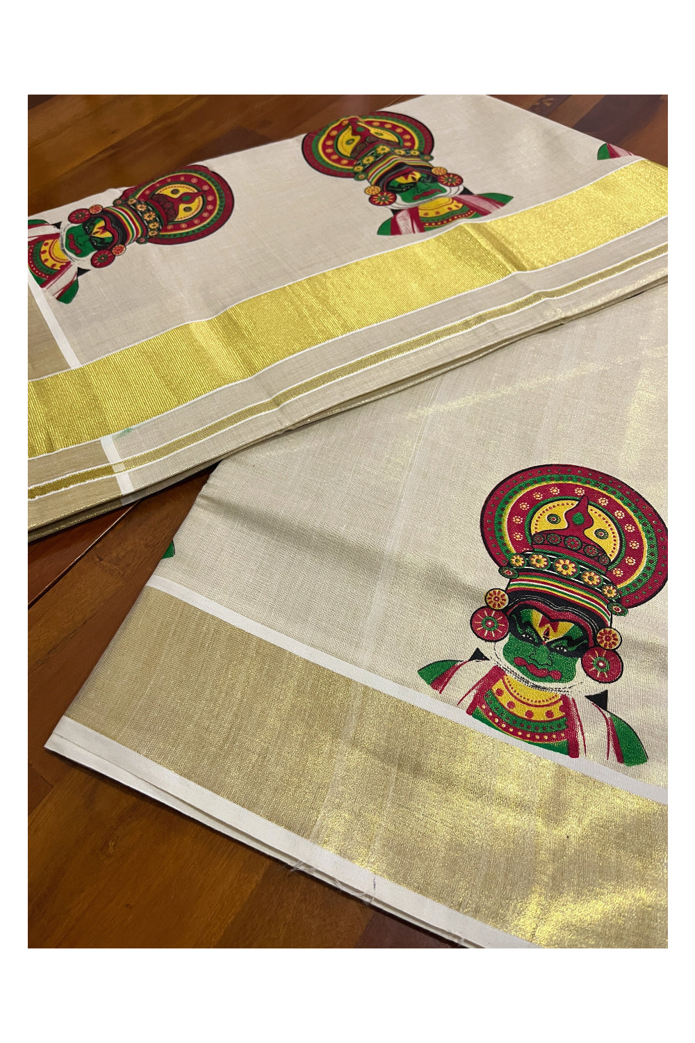 Kerala Tissue Kasavu Saree with Kathakali Mural Printed Design