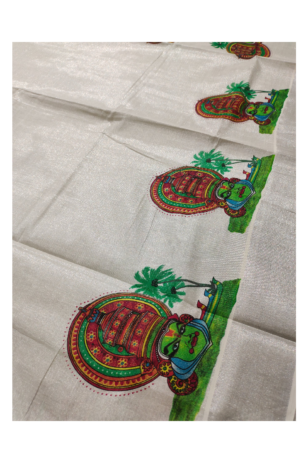 Kerala Silver Tissue Kasavu Onam Saree with Mural Printed Kathakali Design