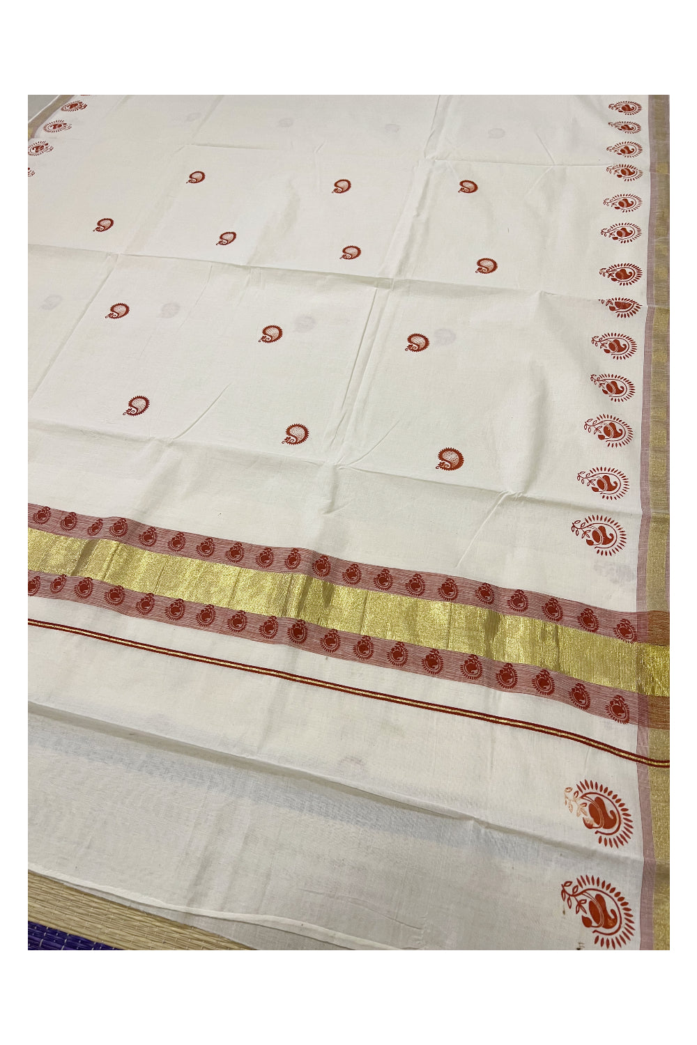 Pure Cotton Kerala Saree with Dark Orange Paisley Block Prints on Kasavu Border