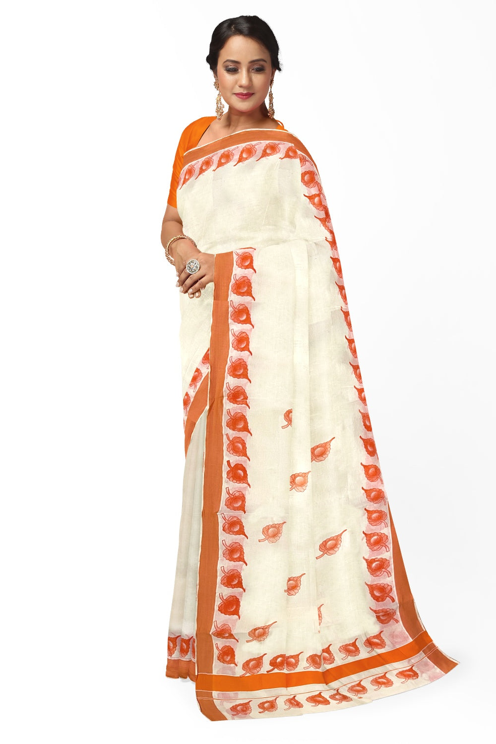 Pure Cotton Kerala Saree with Orange Leaf Block Printed Border