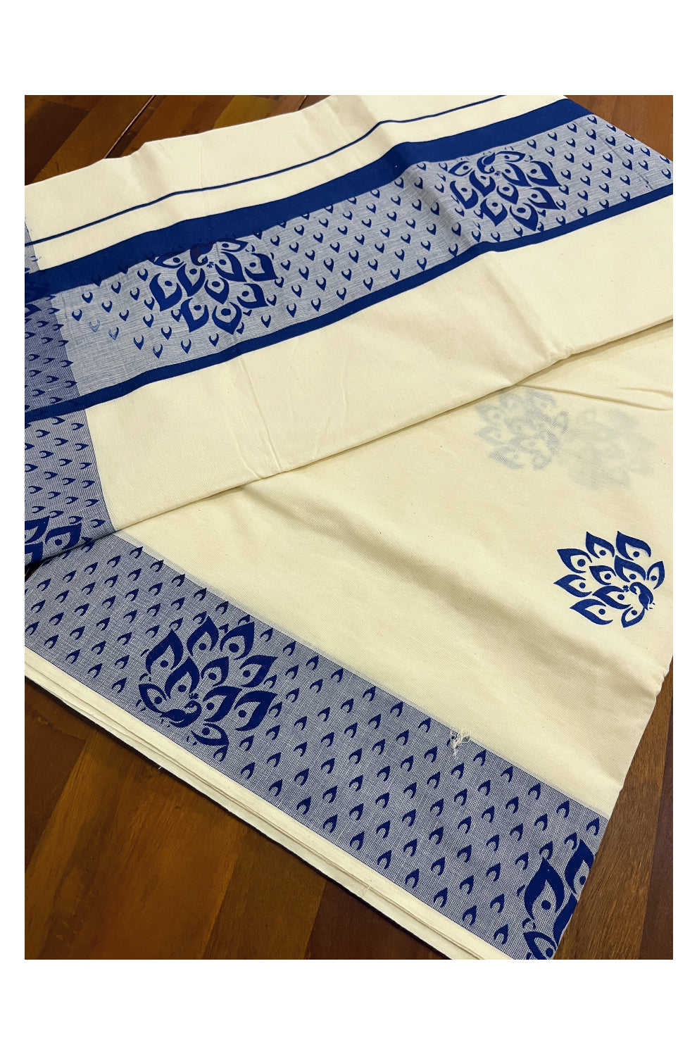 Pure Cotton Off White Kerala Saree with Blue Block Prints on Border