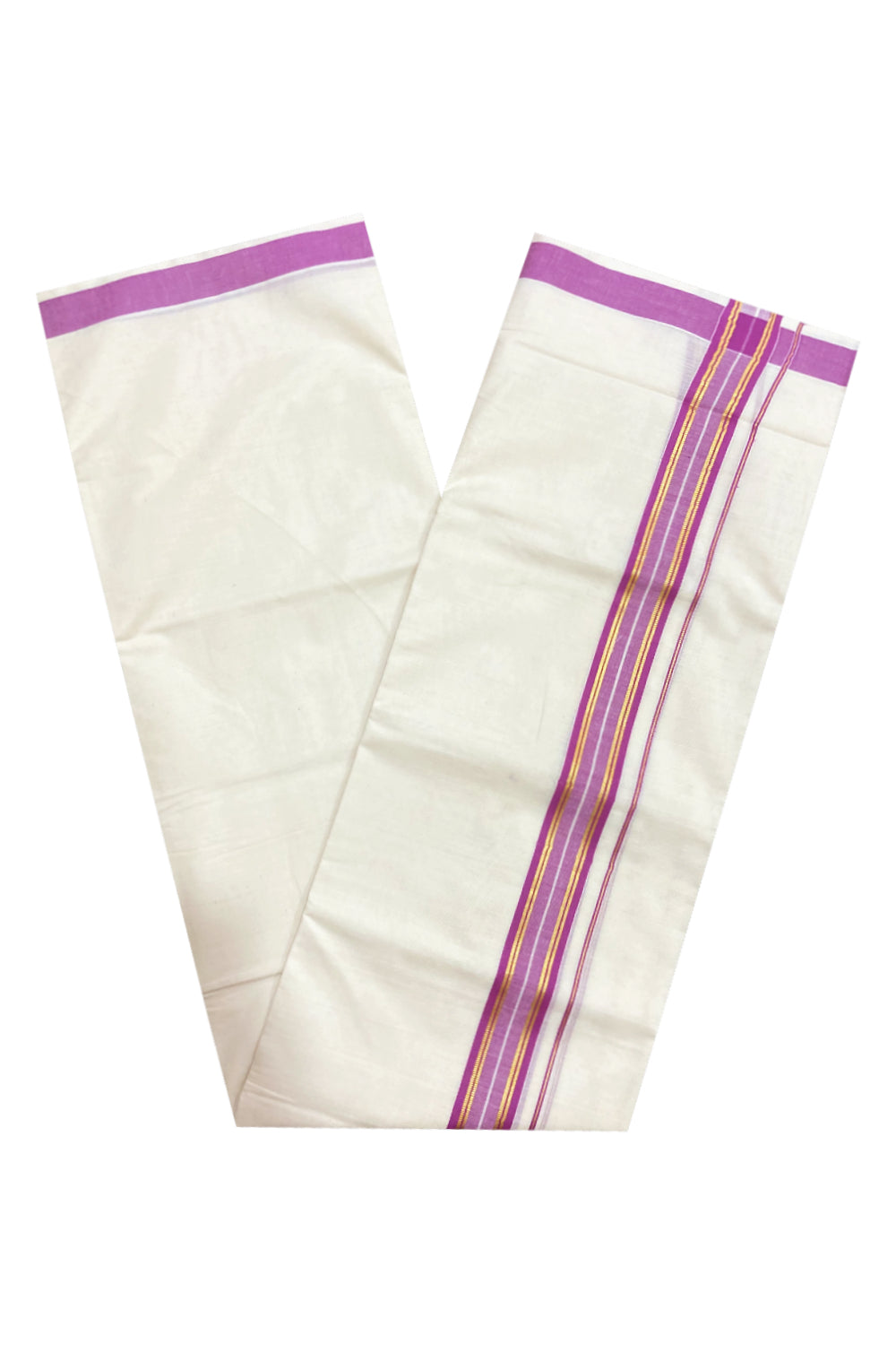 Pure Cotton Double Mundu with Magenta and Kasavu Border (South Indian Kerala Dhoti)