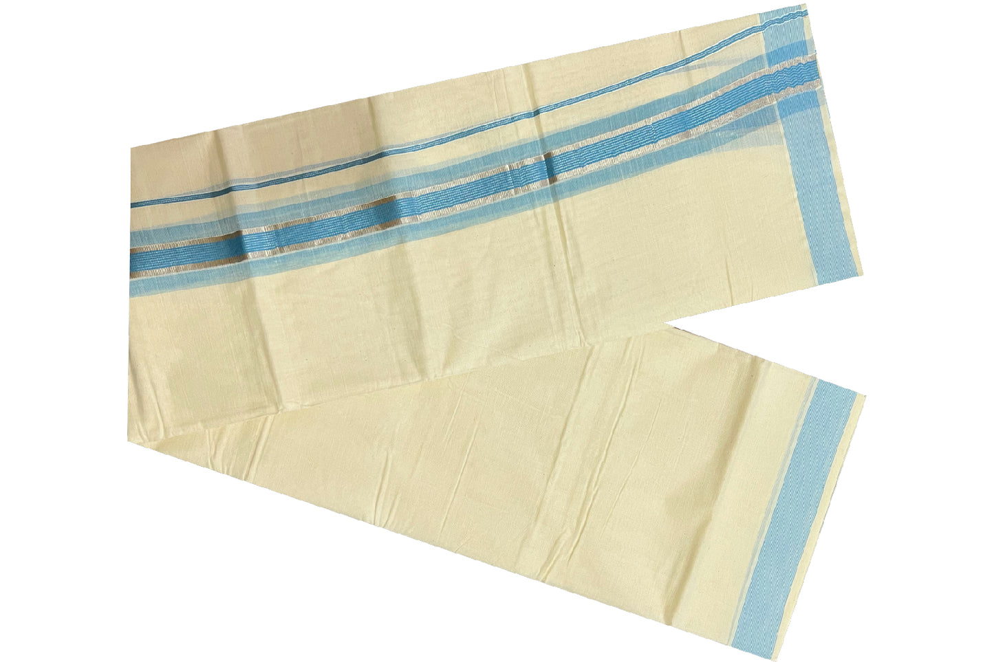 Off White Kerala Double Mundu with Silver Kasavu and Light Blue Line Border (South Indian Dhoti)