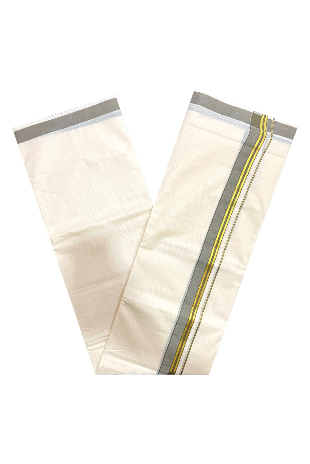 Pure Cotton Off White Double Mundu with Grey and Kasavu Kara (South Indian Dhoti)