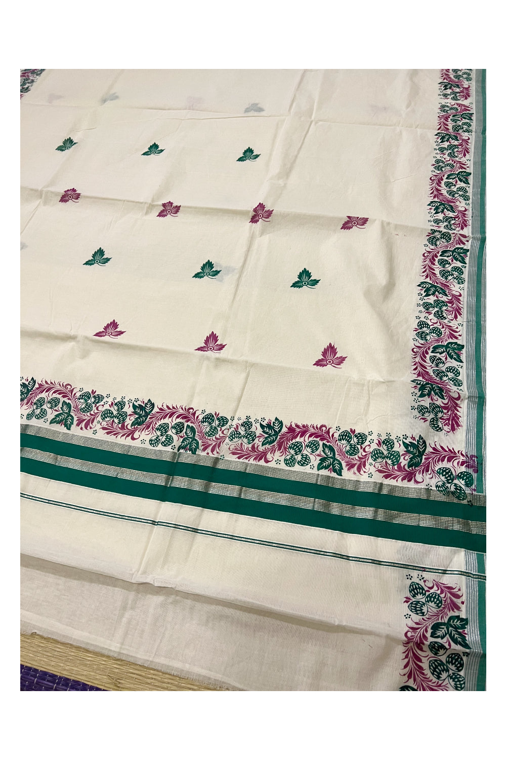 Pure Cotton Kerala Silver Kasavu Saree with Green and Magenta Floral Block Printed Design