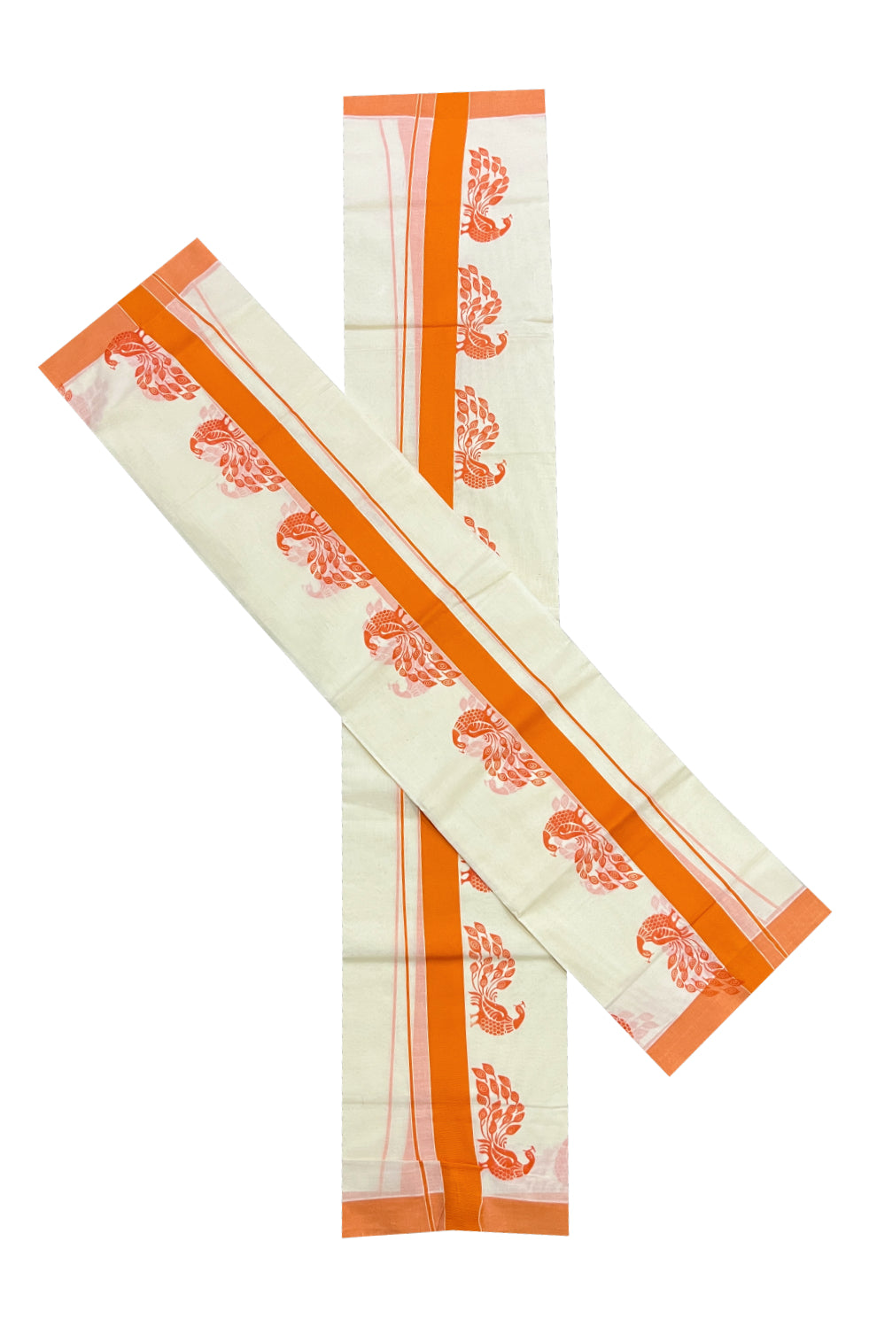 Kerala Cotton Set Mundu (Mundum Neriyathum) with Orange Block Prints Border